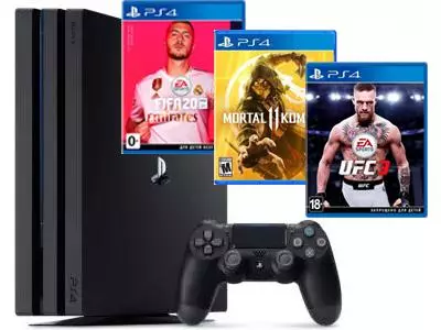 Игровая приставка Sony Playstation 4 Pro 1Tb черный + FIFA 20 + Mortal Kombat 11 + UFC 3